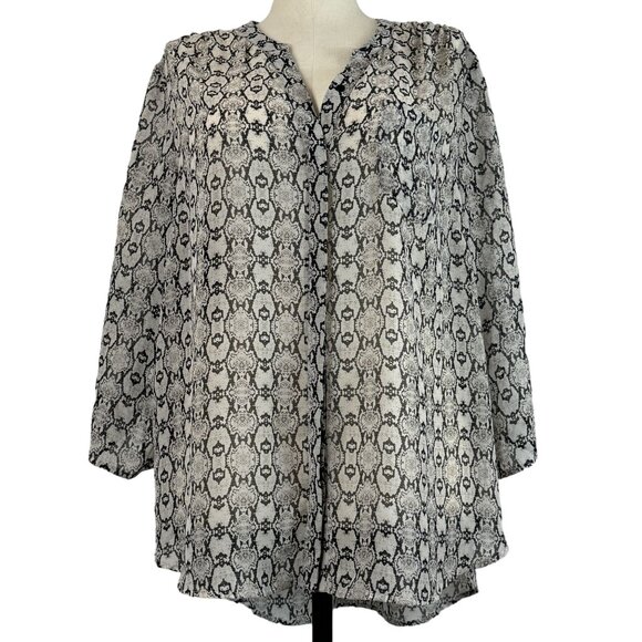Como Vintage Womens Snake Print Blouse 2X Black Gray Long Sleeve Semi-Sheer - Picture 1 of 15
